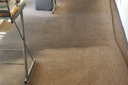 Newly cleaned brown carpet in an office showing part of a desk